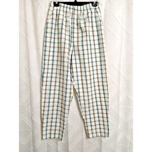 Vintage Seersucker Plaid White Pants Elastic Waist Pull On High Rise